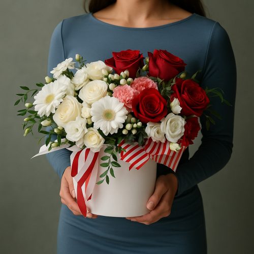 Цветы в коробке «Элегантность в красно-белом»